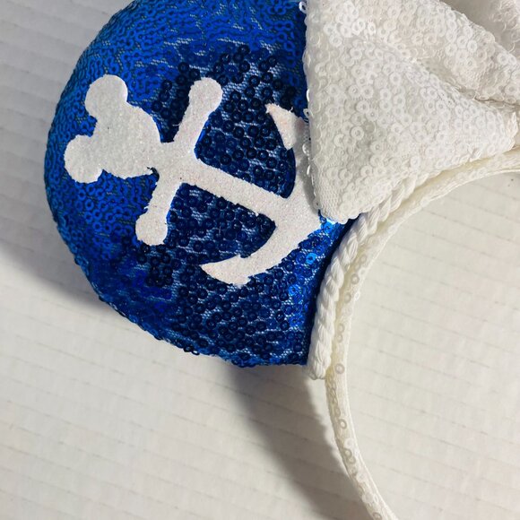 VTG Disney-Parks White & Blue Nautical Minnie Mouse Bow Sequins Headband Ears US
